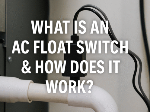 A black AC float switch is attached to a white PVC pipe, with the words, “What is an AC float switch & how does it work?” overlaid in large, bold, white letters, highlighting AC float switch function and operation. | High 5 Plumbing, Heating & Cooling