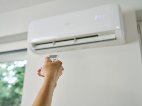 A person points a remote control at a wall-mounted air conditioner, showcasing ductless cooling set to 21 degrees Celsius. A window with greenery outside is partially visible on the left side of the image. | High 5 Plumbing, Heating & Cooling