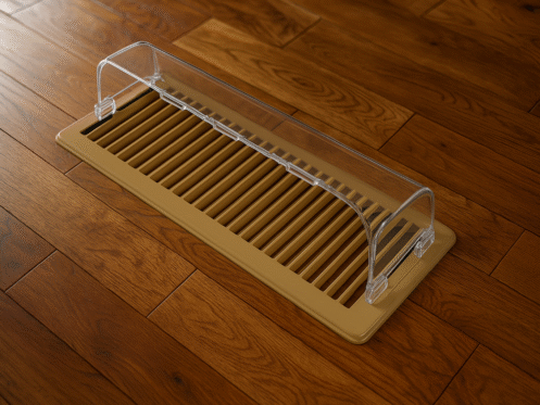 A tan floor vent cover with an Air Vent Deflector, featuring a clear plastic shield, is placed on medium brown hardwood flooring. The deflector is attached securely with clips on both sides of the vent. | High 5 Plumbing, Heating & Cooling