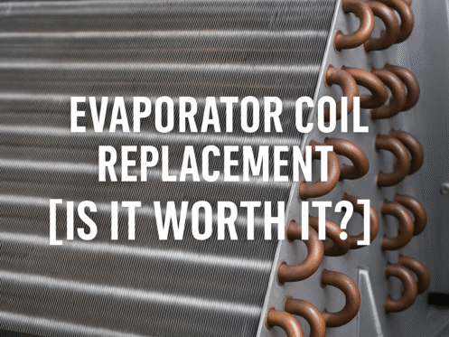 A close-up of an HVAC evaporator coil with copper pipes, overlaid with the text: "Evaporator Coil Replacement [Is it worth it?]". Perfect for those considering HVAC maintenance or evaporator coil replacement decisions. | High 5 Plumbing, Heating & Cooling