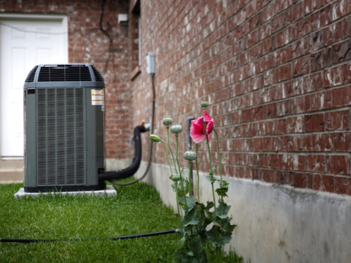 An outdoor air conditioning unit stands on a concrete pad beside a brick house. Poppy flowers bloom in the summer grass nearby, and a black hose lies on the ground. A white door is visible in the background, offering ways to reduce AC costs. | High 5 Plumbing, Heating & Cooling
