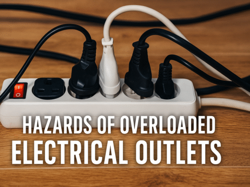 A white power strip with five plugs inserted, surrounded by tangled black and white cords. Text on the image reads: "Outlet Safety: Hazards of Overloaded Electrical Outlets. | High 5 Plumbing, Heating & Cooling