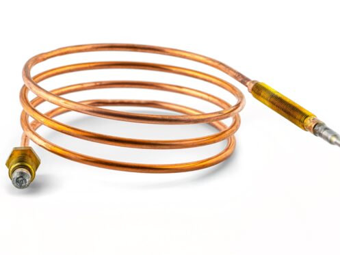 A coiled copper thermocouple, often used in water heaters to detect thermocouple signs or a bad thermocouple, with threaded metallic connectors at both ends, displayed on a white background. | High 5 Plumbing, Heating & Cooling
