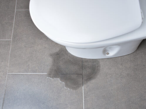 A puddle of water is visible on a gray tiled floor next to the toilet base, suggesting a possible toilet leak after flushing. | High 5 Plumbing, Heating & Cooling