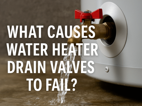 A brass drain valve on a water heater with water flowing out of it; the text over the image reads, "What are the failure causes of water heater drain valves?. | High 5 Plumbing, Heating & Cooling