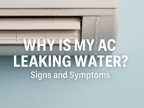 A white air conditioner mounted on a wall is leaking water, with droplets visible below the unit. Text over the image reads, "WHY IS MY AC LEAKING WATER? Signs and Symptoms of AC problems. | High 5 Plumbing, Heating & Cooling