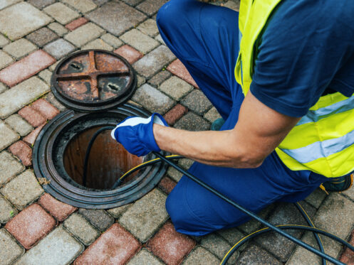 A person wearing a high-visibility vest and gloves uses plumbing equipment to inspect or clean an open manhole on a paved surface made of interlocking bricks. | High 5 Plumbing, Heating & Cooling