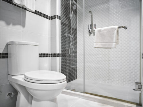 A modern bathroom with a white toilet, glass-enclosed shower, wall-mounted towel rack with a white towel, and stylish black-and-white tile accents showcases how indoor plumbing has evolved since the first people began to invent sanitation systems. | High 5 Plumbing, Heating & Cooling